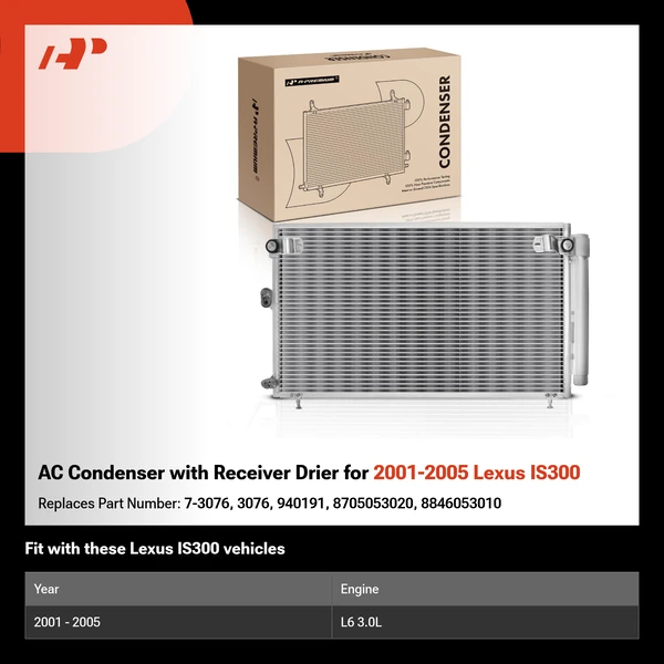 AC Condenser with Receiver Drier for 2001-2005 Lexus IS300