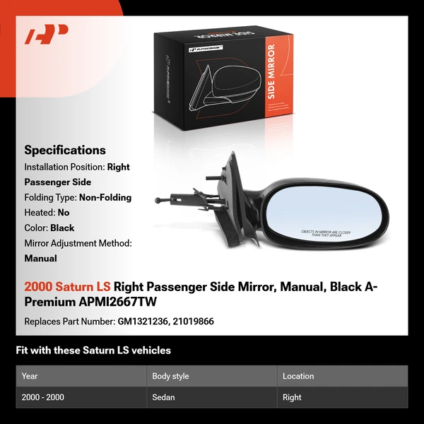 2000 Saturn LS Right Passenger Side Mirror, Manual, Black A-Premium APMI2667TW