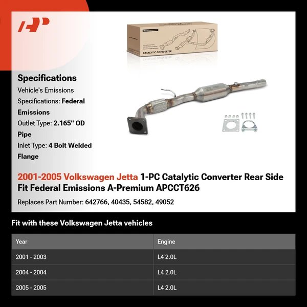 2001-2005 Volkswagen Jetta 1-PC Catalytic Converter Rear Side Fit Federal Emissions A-Premium APCCT626