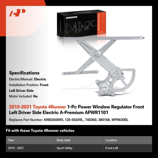 2010-2021 Toyota 4Runner 1-Pc Power Window Regulator Front Left Driver Side Electric A-Premium APWR1101
