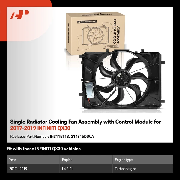 Single Radiator Cooling Fan Assembly with Control Module for 2017-2019 INFINITI QX30