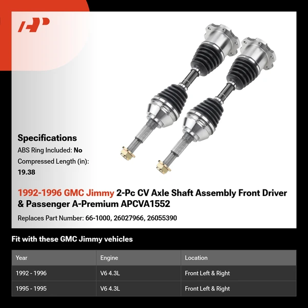 1992-1996 GMC Jimmy 2-Pc CV Axle Shaft Assembly Front Driver & Passenger A-Premium APCVA1552