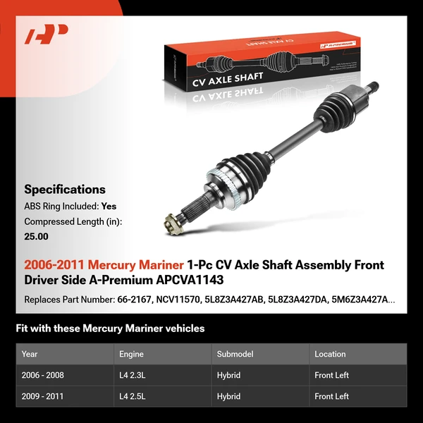 2006-2011 Mercury Mariner 1-Pc CV Axle Shaft Assembly Front Driver Side A-Premium APCVA1143