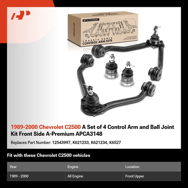 1989-2000 Chevrolet C2500 A Set of 4 Control Arm and Ball Joint Kit Front Side A-Premium APCA3148