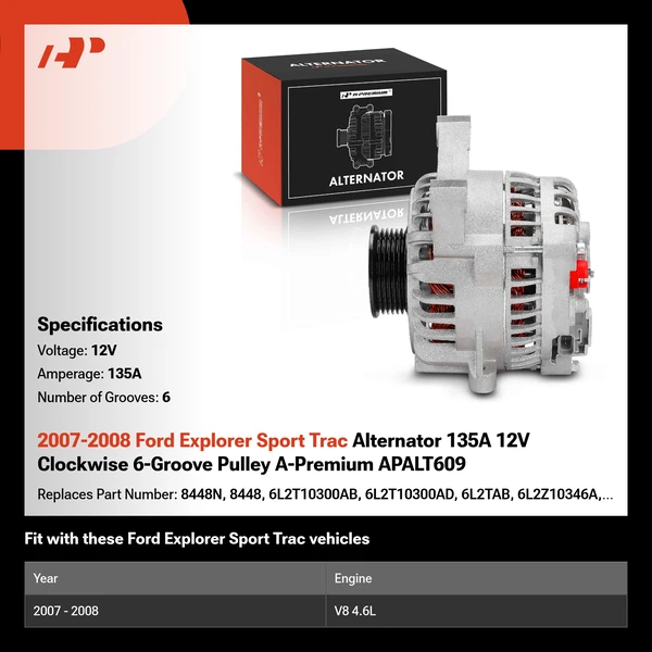2007-2008 Ford Explorer Sport Trac Alternator 135A 12V Clockwise 6-Groove Pulley A-Premium APALT609