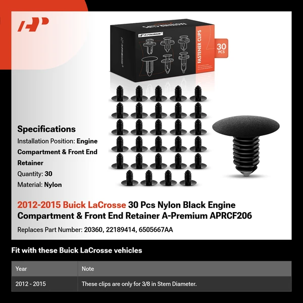 2012-2015 Buick LaCrosse 30 Pcs Nylon Black Engine Compartment & Front End Retainer A-Premium APRCF206