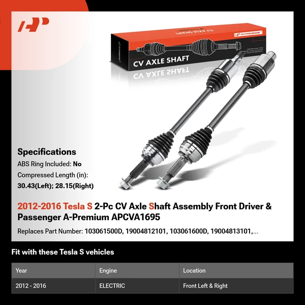 2012-2016 Tesla S 2-Pc CV Axle Shaft Assembly Front Driver & Passenger A-Premium APCVA1695