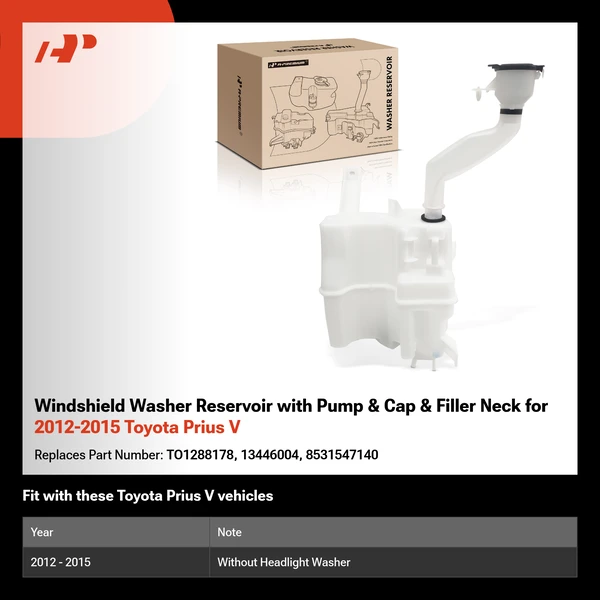 Windshield Washer Reservoir with Pump & Cap & Filler Neck for 2012-2015 Toyota Prius V