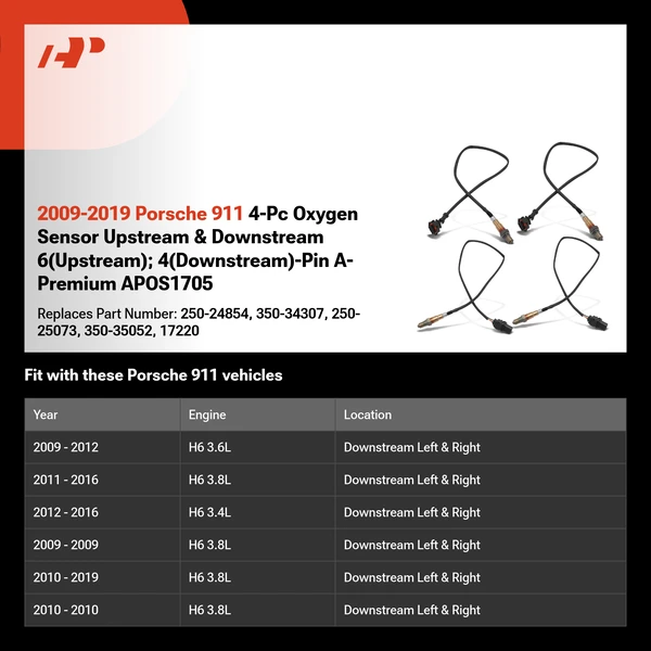 2009-2019 Porsche 911 4-Pc Oxygen Sensor Upstream & Downstream 6(Upstream); 4(Downstream)-Pin A-Premium APOS1705