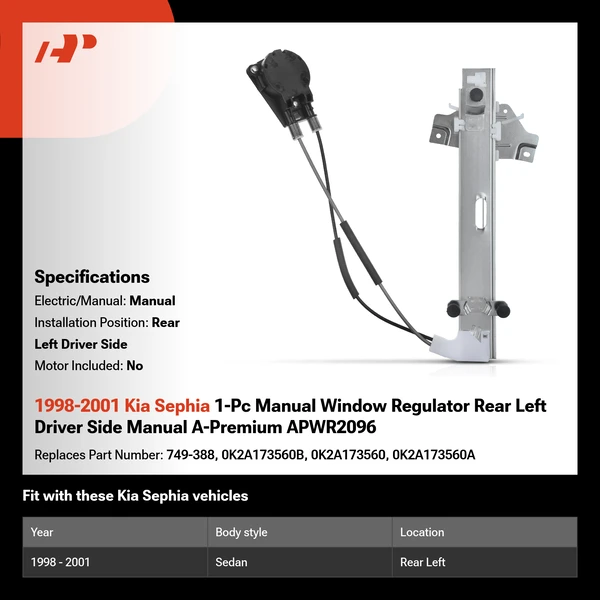 1998-2001 Kia Sephia 1-Pc Manual Window Regulator Rear Left Driver Side Manual A-Premium APWR2096