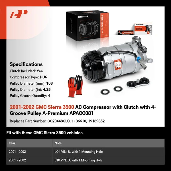 2001-2002 GMC Sierra 3500 AC Compressor with Clutch with 4-Groove Pulley A-Premium APACC081