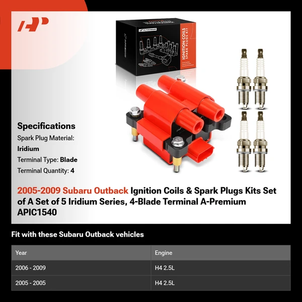 2005-2009 Subaru Outback Ignition Coils & Spark Plugs Kits Set of 5 Iridium Series, 4-Blade Terminal A-Premium APIC1540