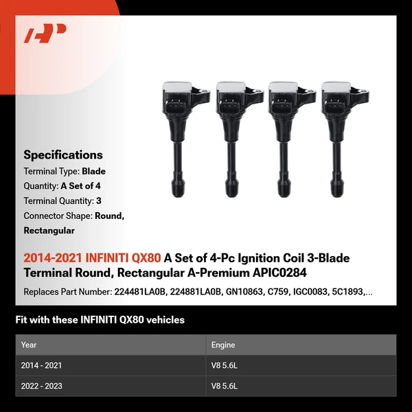 2014-2021 INFINITI QX80 A Set of 4-Pc Ignition Coil 3-Blade Terminal Round, Rectangular A-Premium APIC0284