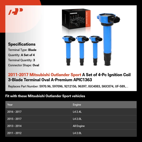 2011-2017 Mitsubishi Outlander Sport A Set of 4-Pc Ignition Coil 3-Blade Terminal Oval A-Premium APIC1363