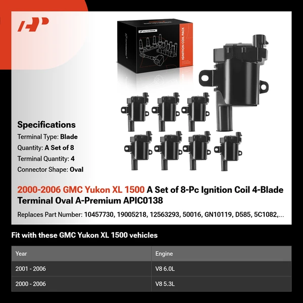 2000-2006 GMC Yukon XL 1500 A Set of 8-Pc Ignition Coil 4-Blade Terminal Oval A-Premium APIC0138