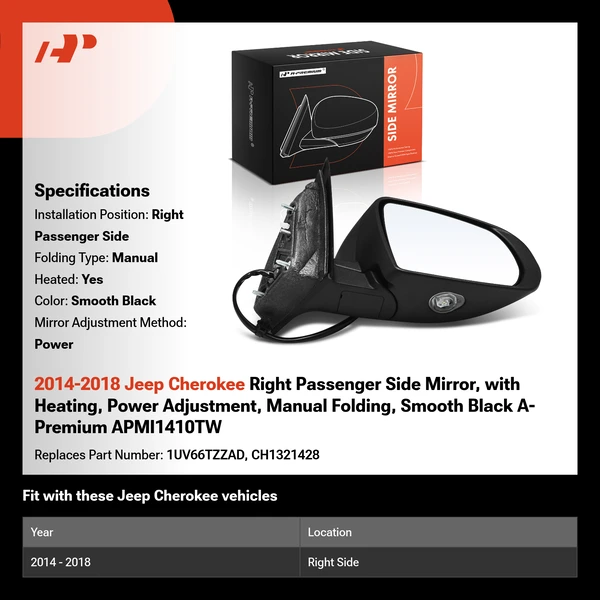 2014-2018 Jeep Cherokee Right Passenger Side Mirror, with Heating, Power Adjustment, Manual Folding, Smooth Black A-Premium APMI1410TW