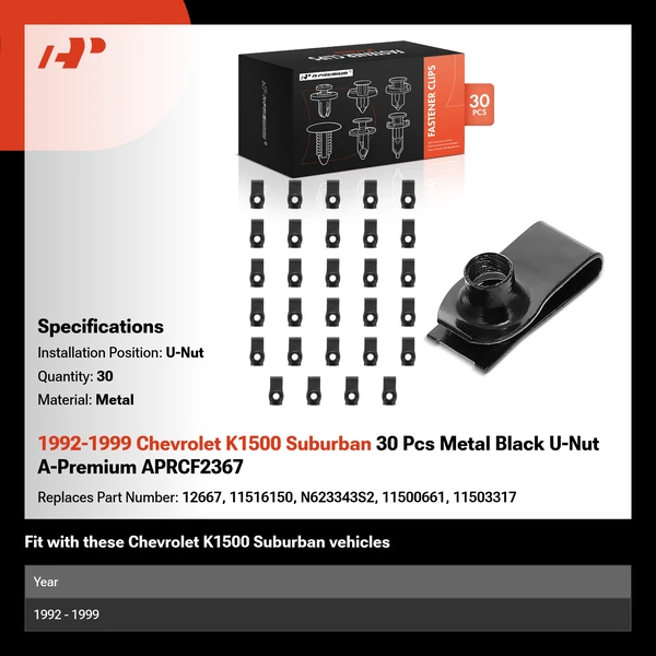 1992-1999 Chevrolet K1500 Suburban 30 Pcs Metal Black U-Nut A-Premium APRCF2367