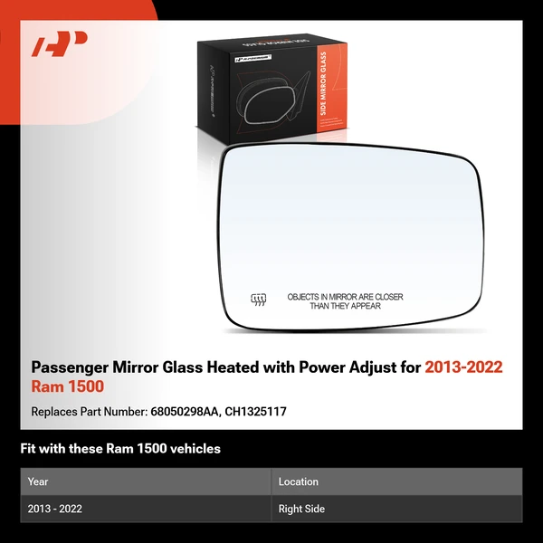 Passenger Mirror Glass Heated with Power Adjust for 2013-2022 Ram 1500