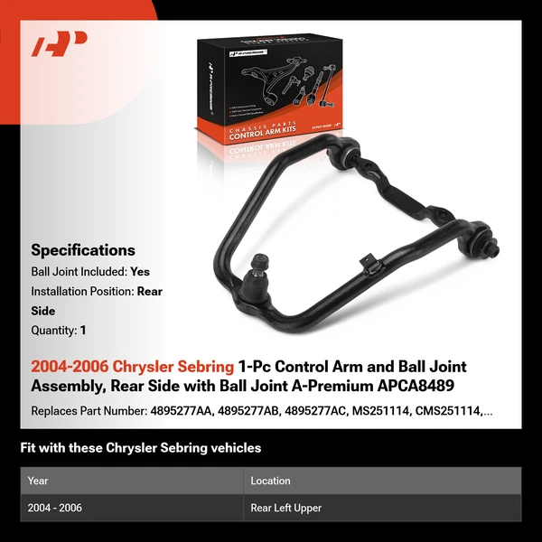 2004-2006 Chrysler Sebring 1-Pc Control Arm and Ball Joint Assembly, Rear Side with Ball Joint A-Premium APCA8489
