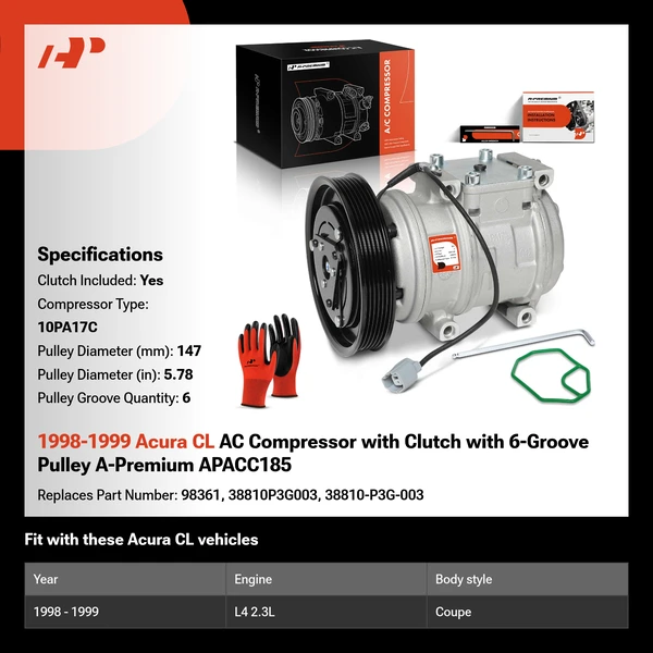 1998-1999 Acura CL AC Compressor with Clutch with 6-Groove Pulley A-Premium APACC185