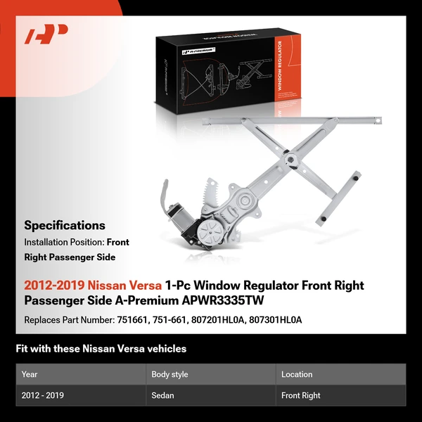 2012-2019 Nissan Versa 1-Pc Window Regulator Front Right Passenger Side A-Premium APWR3335TW