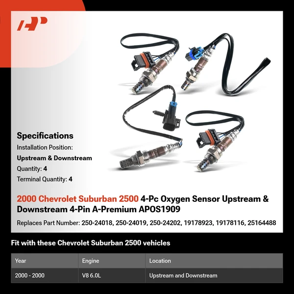 2000 Chevrolet Suburban 2500 4-Pc Oxygen Sensor Upstream & Downstream 4-Pin A-Premium APOS1909