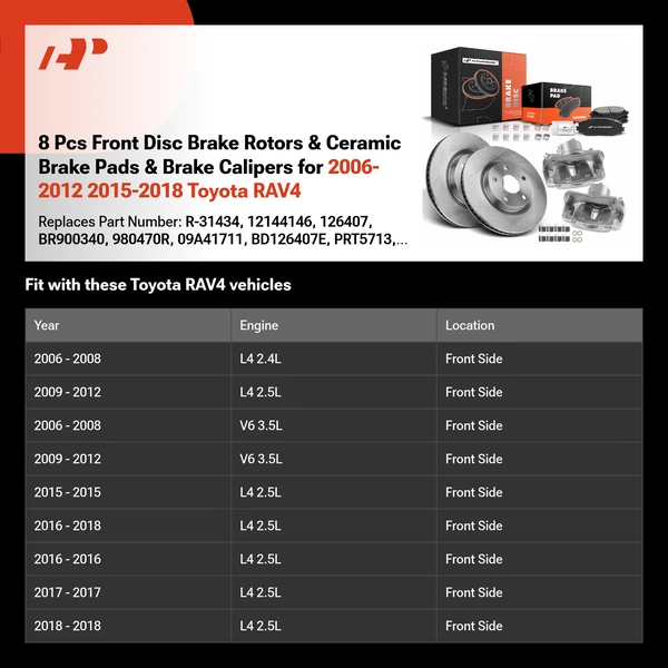 8 Pcs Front Disc Brake Rotors & Ceramic Brake Pads & Brake Calipers for 2006-2012 2015-2018 Toyota RAV4