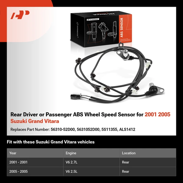 Rear Driver or Passenger ABS Wheel Speed Sensor for 2001 2005 Suzuki Grand Vitara