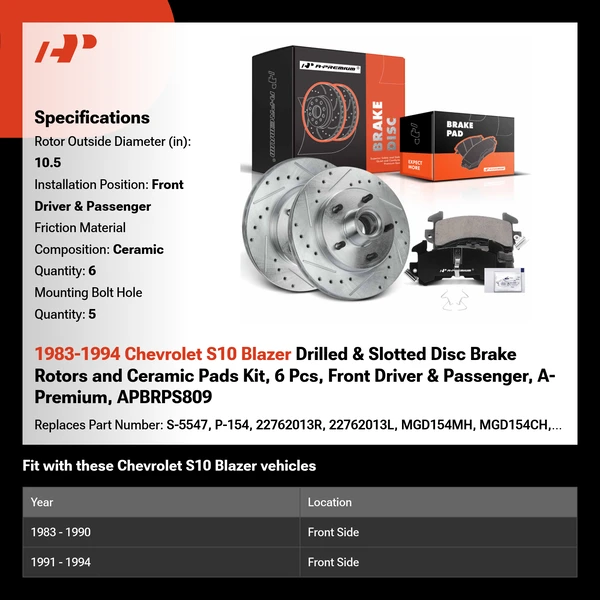 1983-1994 Chevrolet S10 Blazer Drilled & Slotted Disc Brake Rotors and Ceramic Pads Kit, 6 Pcs, Front Driver & Passenger, A-Premium, APBRPS809