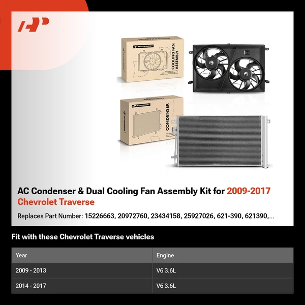 AC Condenser & Dual Cooling Fan Assembly Kit for 2009-2017 Chevrolet Traverse