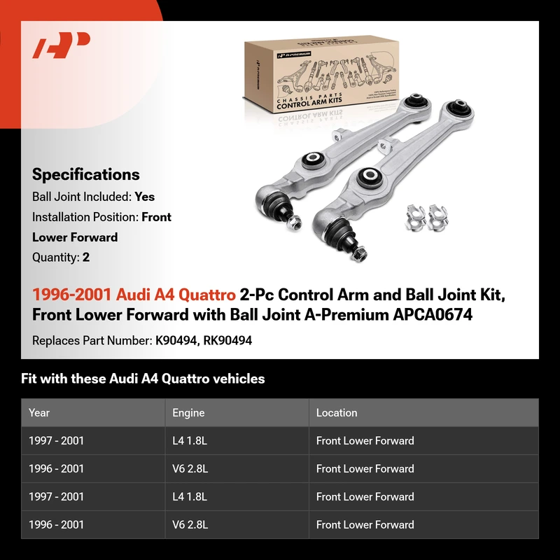 1996-2001 Audi A4 Quattro 2-Pc Control Arm and Ball Joint Kit, Front Lower Forward with Ball Joint A-Premium APCA0674