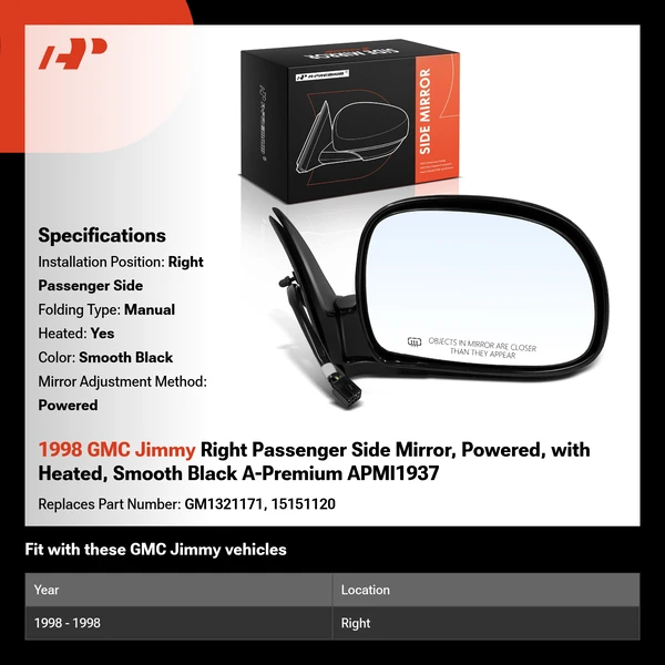 1998 GMC Jimmy Right Passenger Side Mirror, Powered, with Heated, Smooth Black A-Premium APMI1937