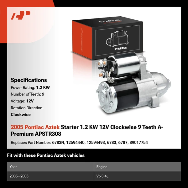 2005 Pontiac Aztek Starter 1.2 KW 12V Clockwise 9 Teeth A-Premium APSTR308