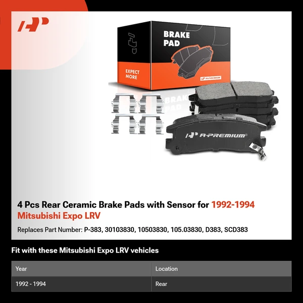 4 Pcs Rear Ceramic Brake Pads with Sensor for 1992-1994 Mitsubishi Expo LRV