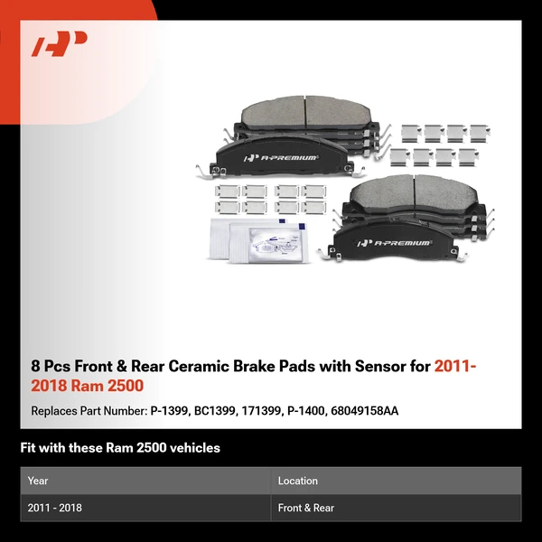8 Pcs Front & Rear Ceramic Brake Pads with Sensor for 2011-2018 Ram 2500