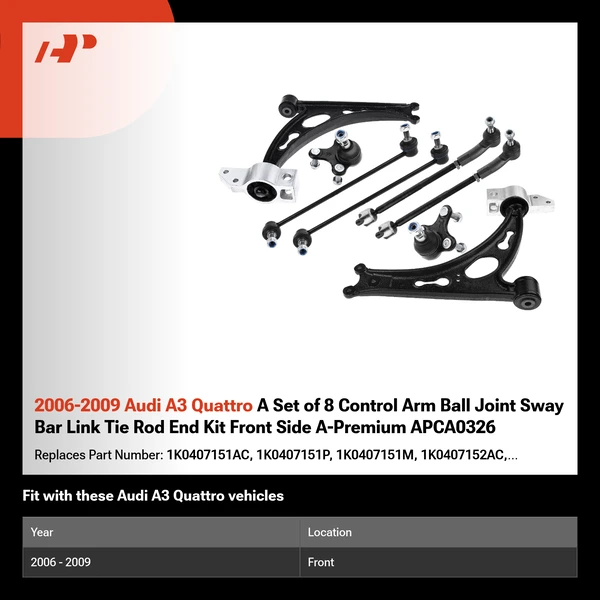 2006-2009 Audi A3 Quattro A Set of 8 Control Arm Ball Joint Sway Bar Link Tie Rod End Kit Front Side A-Premium APCA0326
