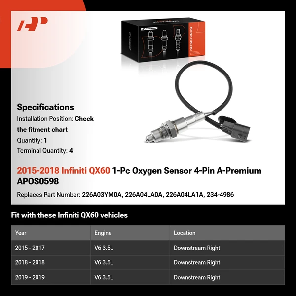 2015-2018 Infiniti QX60 1-Pc Oxygen Sensor 4-Pin A-Premium APOS0598