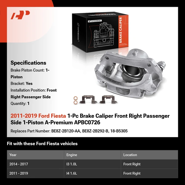 2011-2019 Ford Fiesta 1-Pc Brake Caliper Front Right Passenger Side 1-Piston A-Premium APBC0726