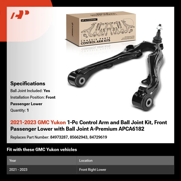 2021-2023 GMC Yukon 1-Pc Control Arm and Ball Joint Kit, Front Passenger Lower with Ball Joint A-Premium APCA6182