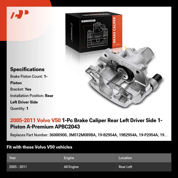 2005-2011 Volvo V50 1-Pc Brake Caliper Rear Left Driver Side 1-Piston A-Premium APBC2043