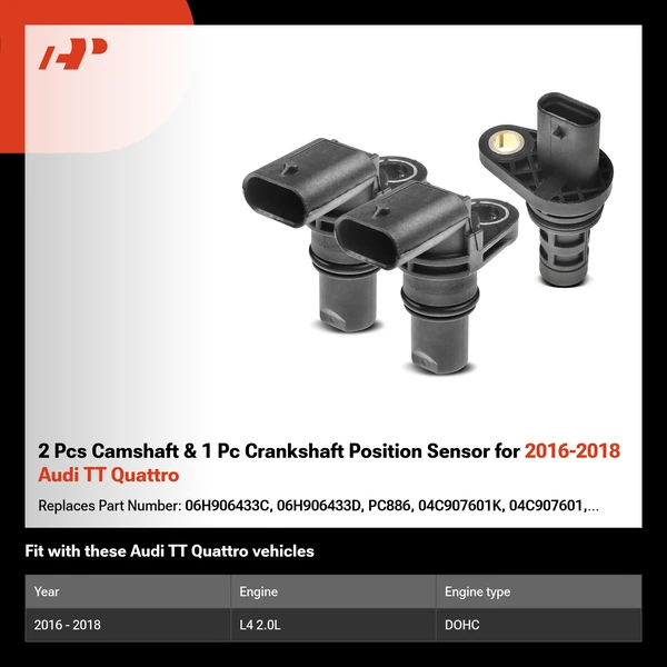 2 Pcs Camshaft & 1 Pc Crankshaft Position Sensor for 2016-2018 Audi TT Quattro