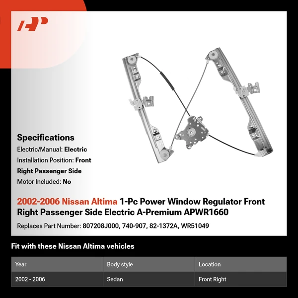 2002-2006 Nissan Altima 1-Pc Power Window Regulator Front Right Passenger Side Electric A-Premium APWR1660