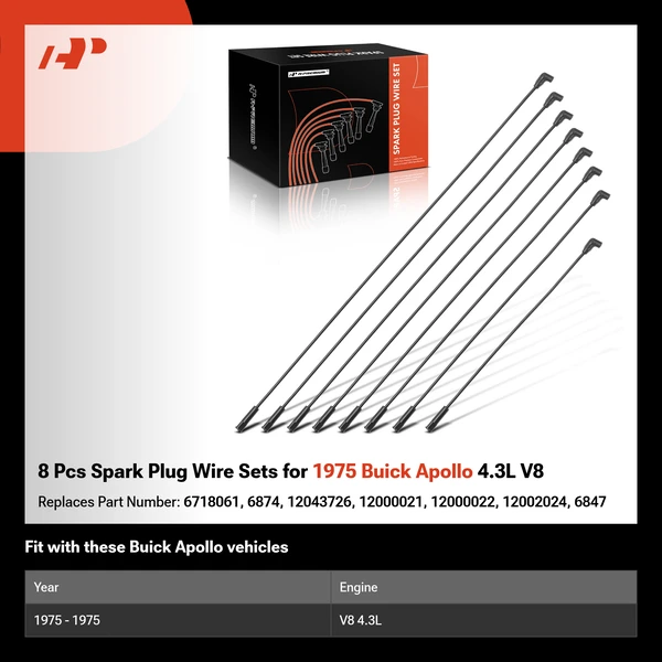 8 Pcs Spark Plug Wire Sets for 1975 Buick Apollo 4.3L V8