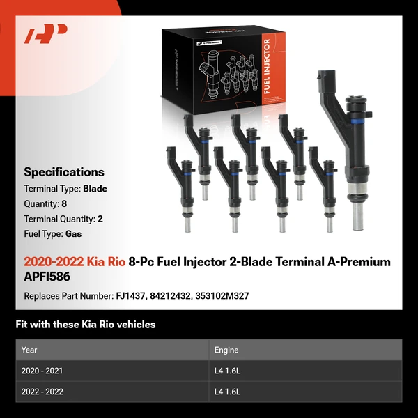 2020-2022 Kia Rio 8-Pc Fuel Injector 2-Blade Terminal A-Premium APFI586