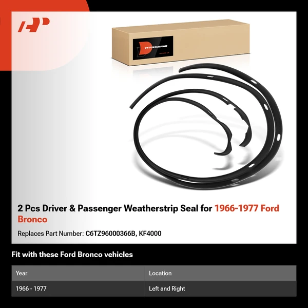 2 Pcs Driver & Passenger Weatherstrip Seal for 1966-1977 Ford Bronco