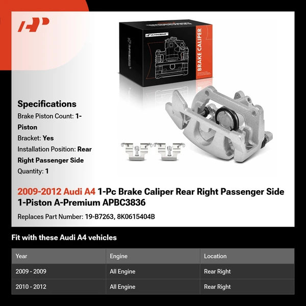 2009-2012 Audi A4 1-Pc Brake Caliper Rear Right Passenger Side 1-Piston A-Premium APBC3836