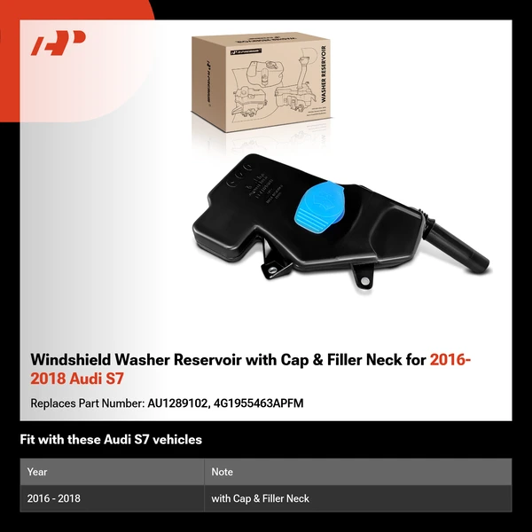 Windshield Washer Reservoir with Cap & Filler Neck for 2016-2018 Audi S7