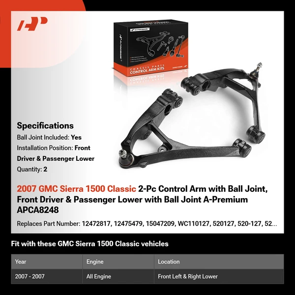 2007 GMC Sierra 1500 Classic 2-Pc Control Arm with Ball Joint, Front Driver & Passenger Lower with Ball Joint A-Premium APCA8248