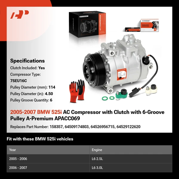 2005-2007 BMW 525i AC Compressor with Clutch with 6-Groove Pulley A-Premium APACC069