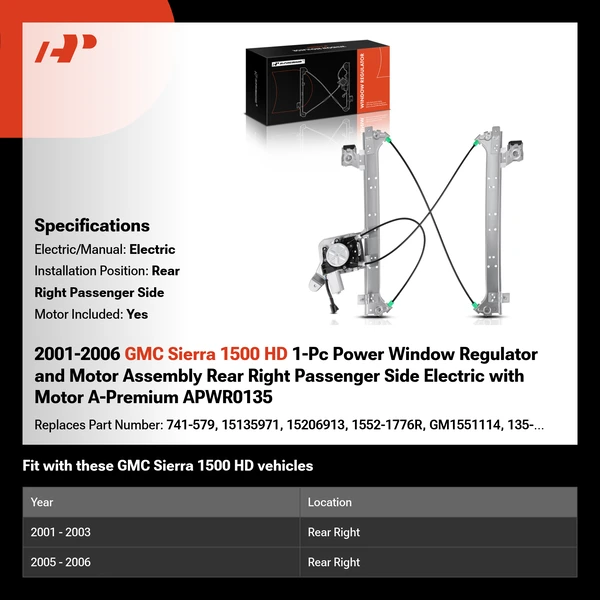2001-2006 GMC Sierra 1500 HD 1-Pc Power Window Regulator and Motor Assembly Rear Right Passenger Side Electric with Motor A-Premium APWR0135